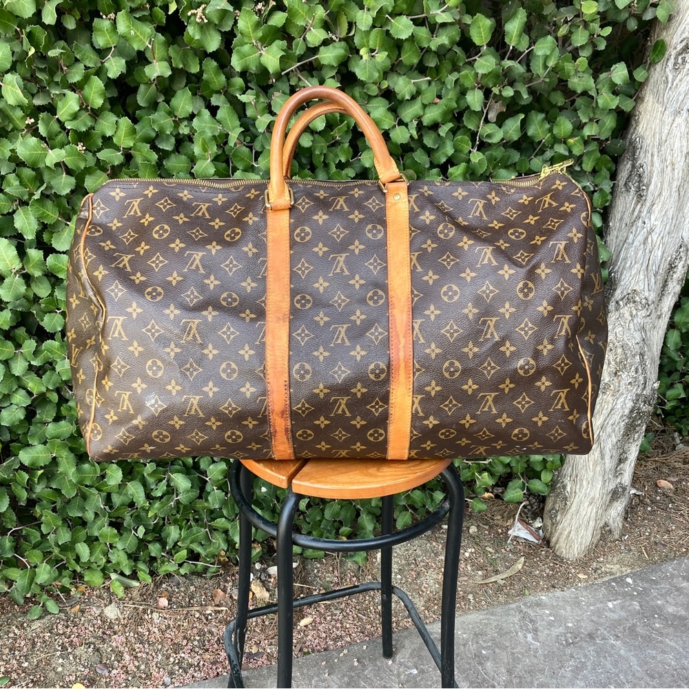 Louis Vuitton Keepall 60 LV Monogram Leather Duffel Travel Luggage Tote Hand Bag